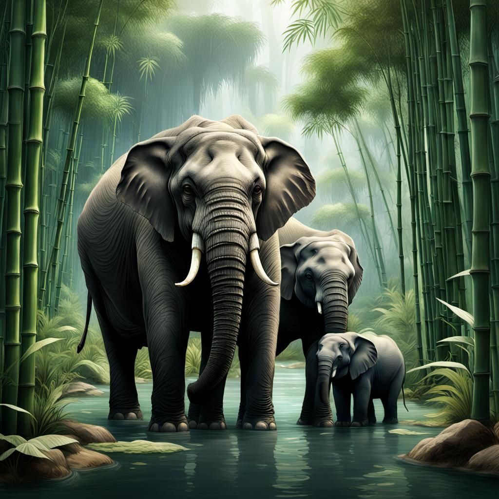 Elephant Family in Bamboo Forest: Fantasy Concept Art