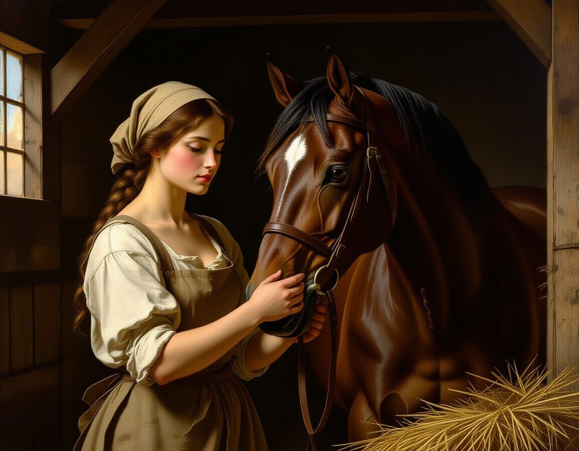 Renaissance Woman Tends Horse in Stable, Michelangelo Style