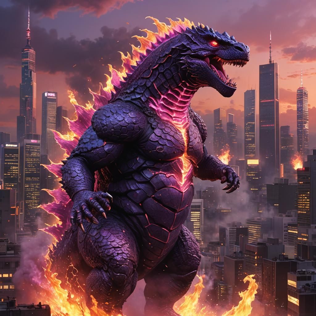 Pink Godzilla with Heart Eyes in Tokyo Splash Art