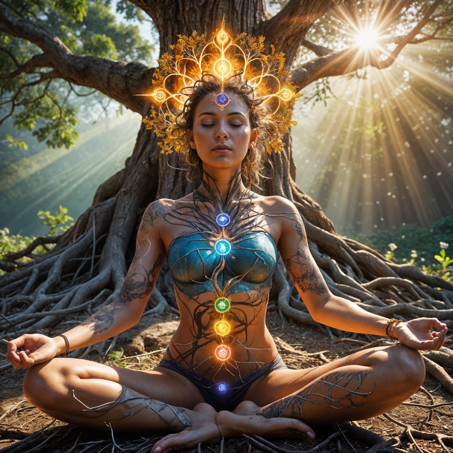 Meditating Woman with Chakra Aura and Roots