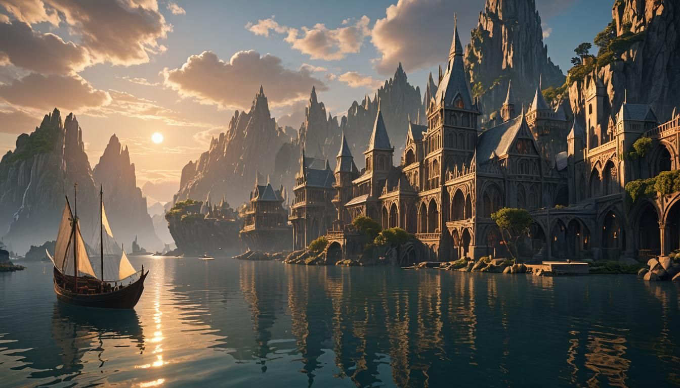 Elven Harbor at Sunrise: Fantasy Concept Art