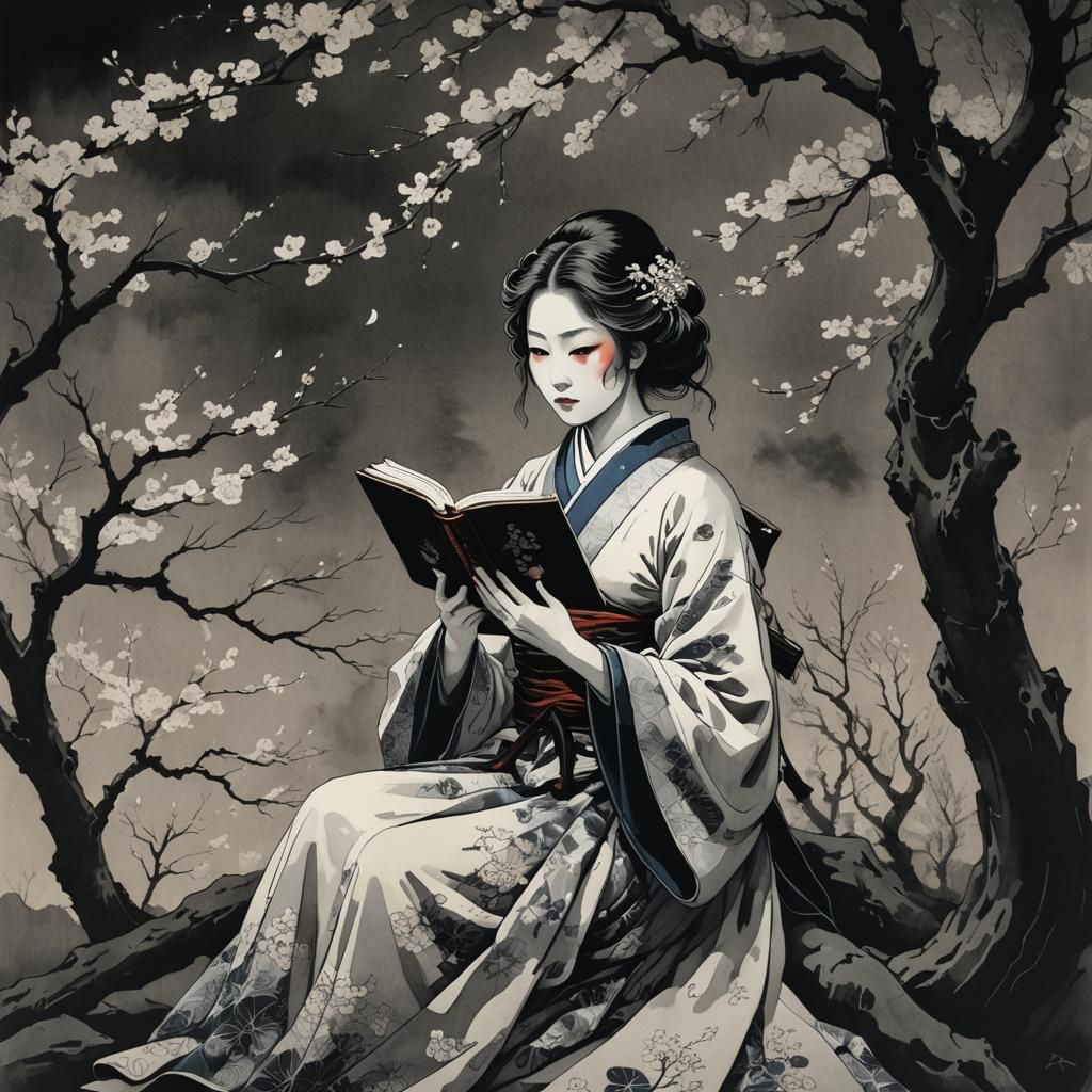 Eerie Ukiyo-e: Woman Reading Under Cherry Trees