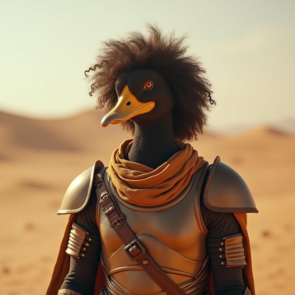 Anthropomorphic Duck as Paul Atreides in Desert Armor