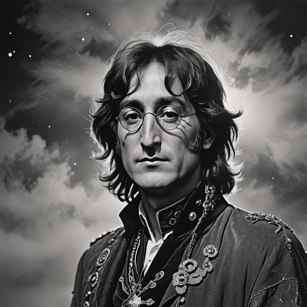 John Lennon Portrait with Misty Moon in Black and White