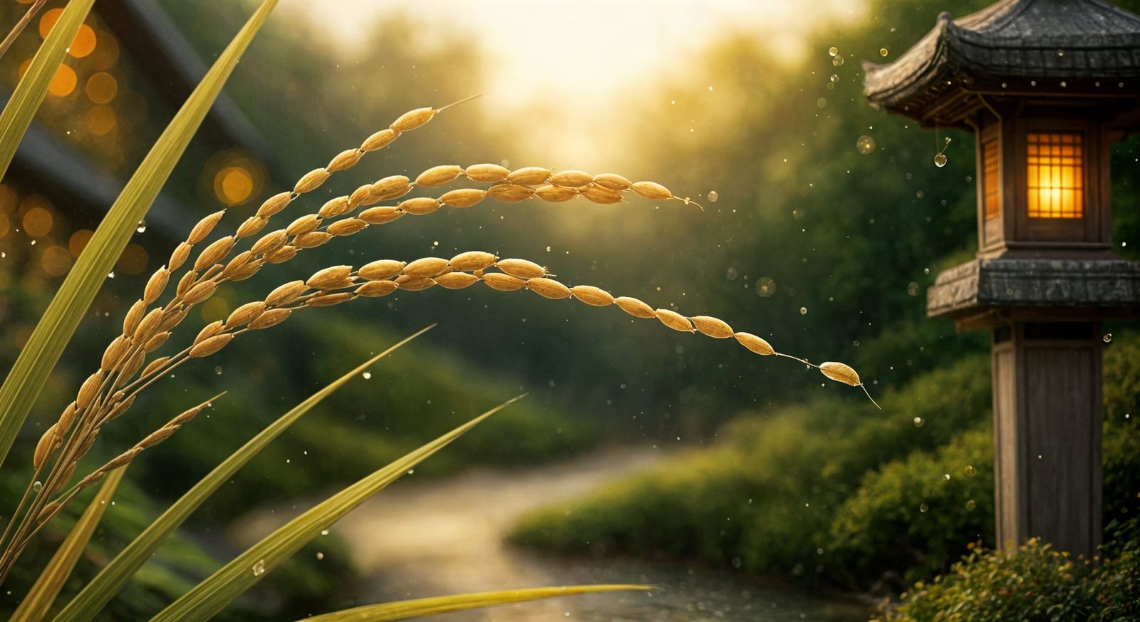 Golden Rice Grain in Serene Japanese Garden