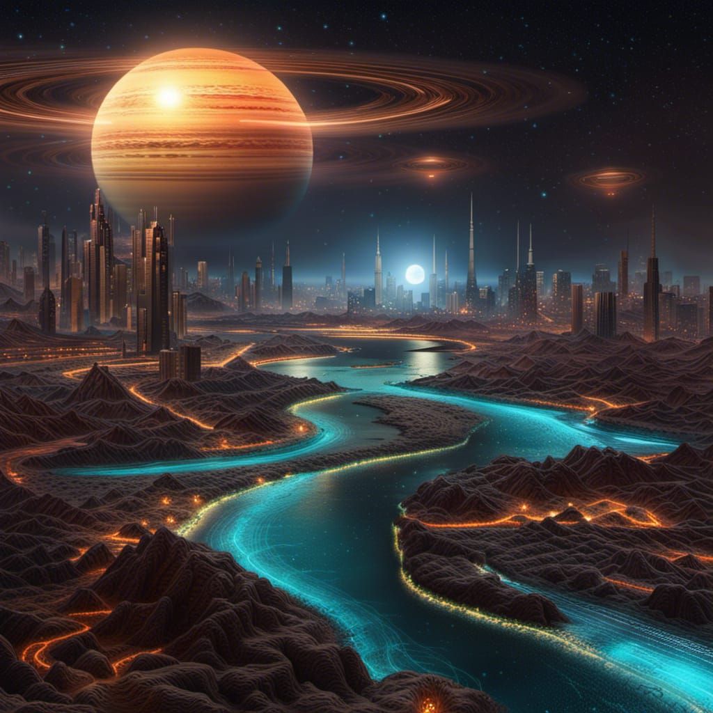 Hyperrealistic Pixel Technology World with Bioluminescent Ri...