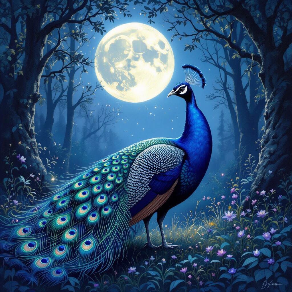 Ethereal Peacock with Moon Eye in Luminous Forest