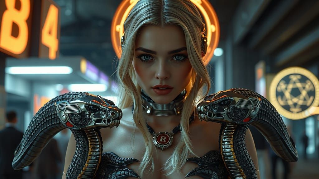 Cybernetic Serpent Woman in Neon Cityscape