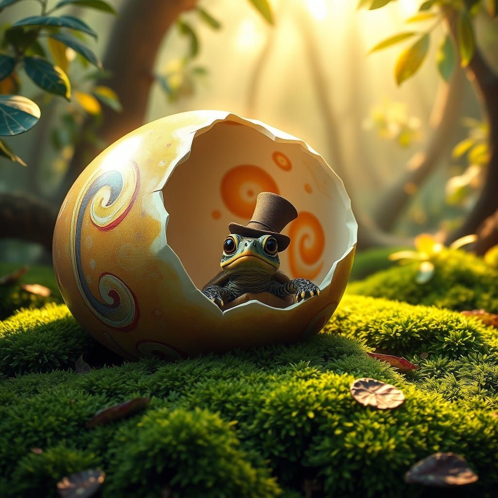 Whimsical Turtle Emerges from Ostrich Egg in Enchanted Fores...