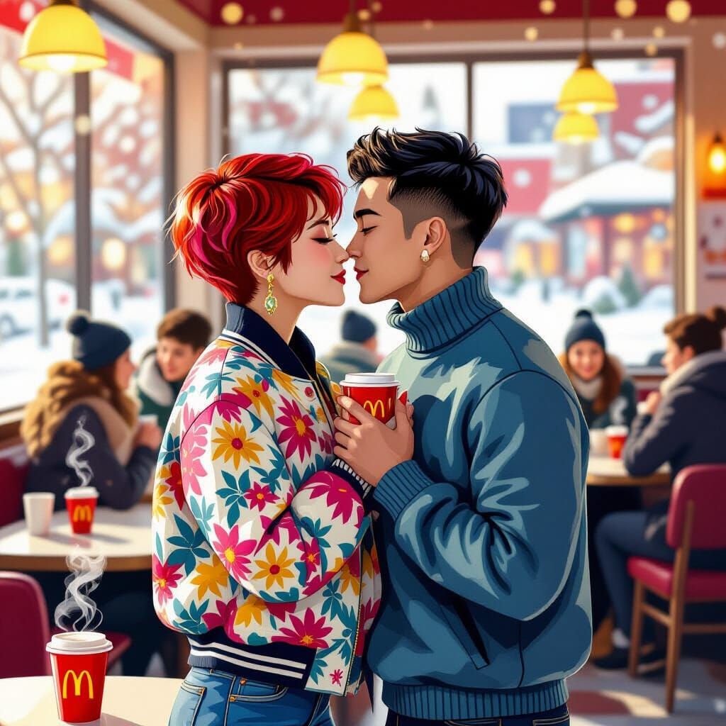 Couple Kissing in McDonald's, Art Nouveau Style