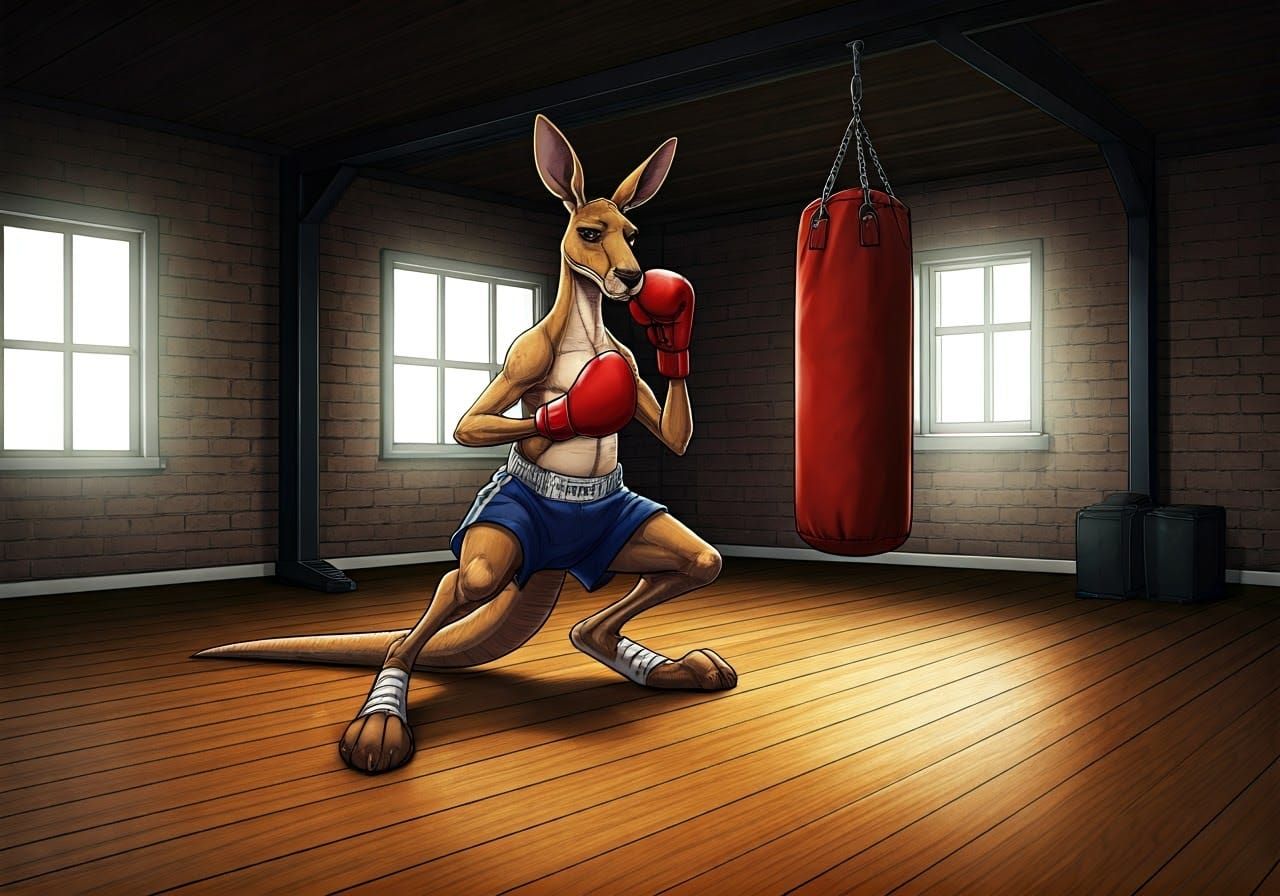 Boxing Kangaroo Trains in Gym: Comic Book Art