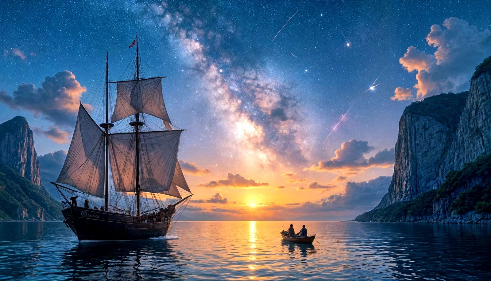 Maritime Sunset with Milky Way in Digital Painting Style