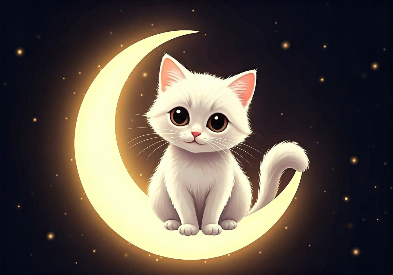 Cute Cat on the Moon: Kawaii Anime Illustration