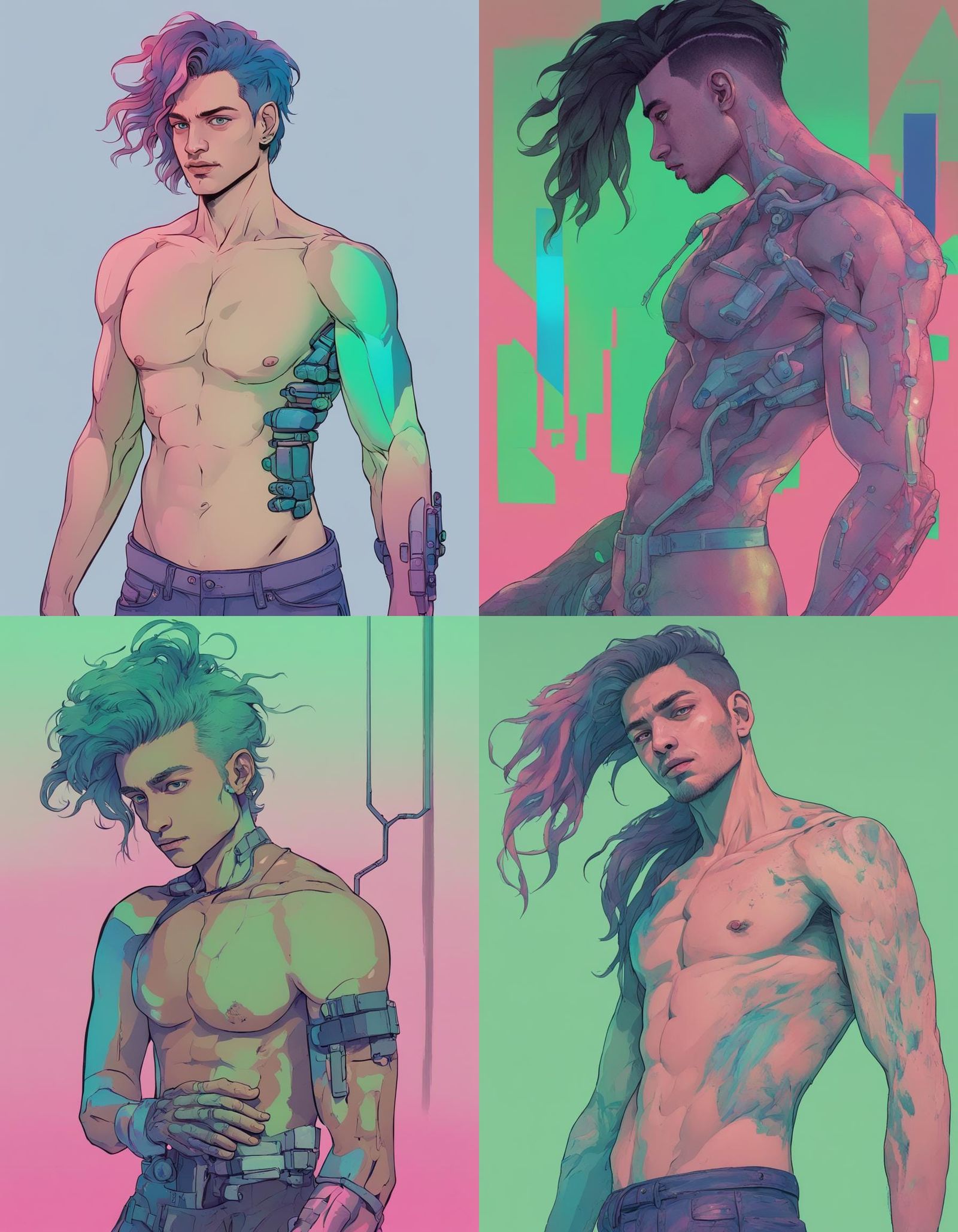 Transgender Man with Robotic Arm in Synthwave Style