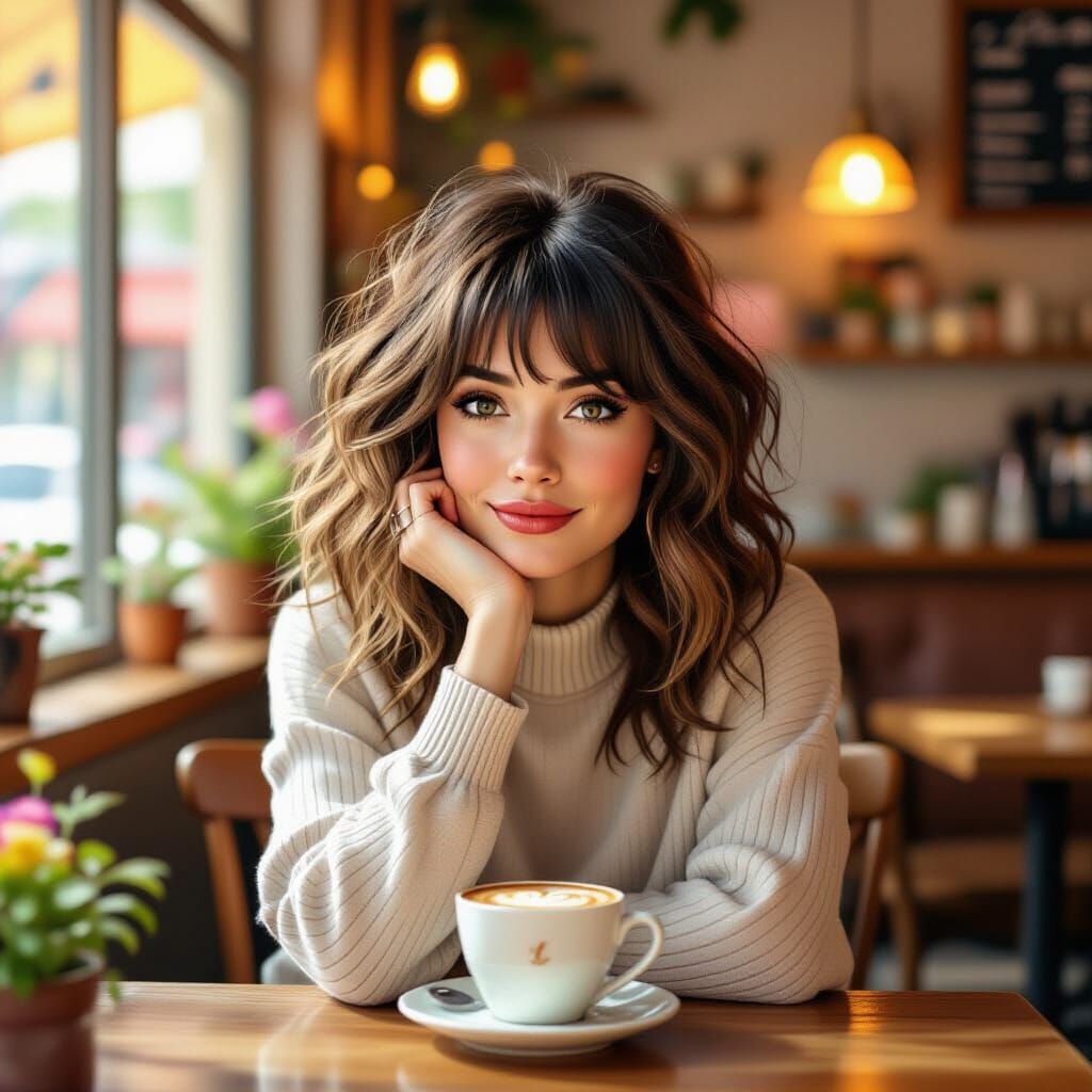 Woman in Cafe, Whimsical Illustration