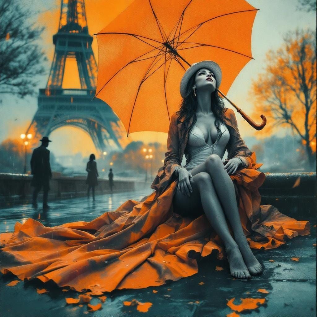 Eiffel Tower View: Woman with Umbrella in Rainy Paris
