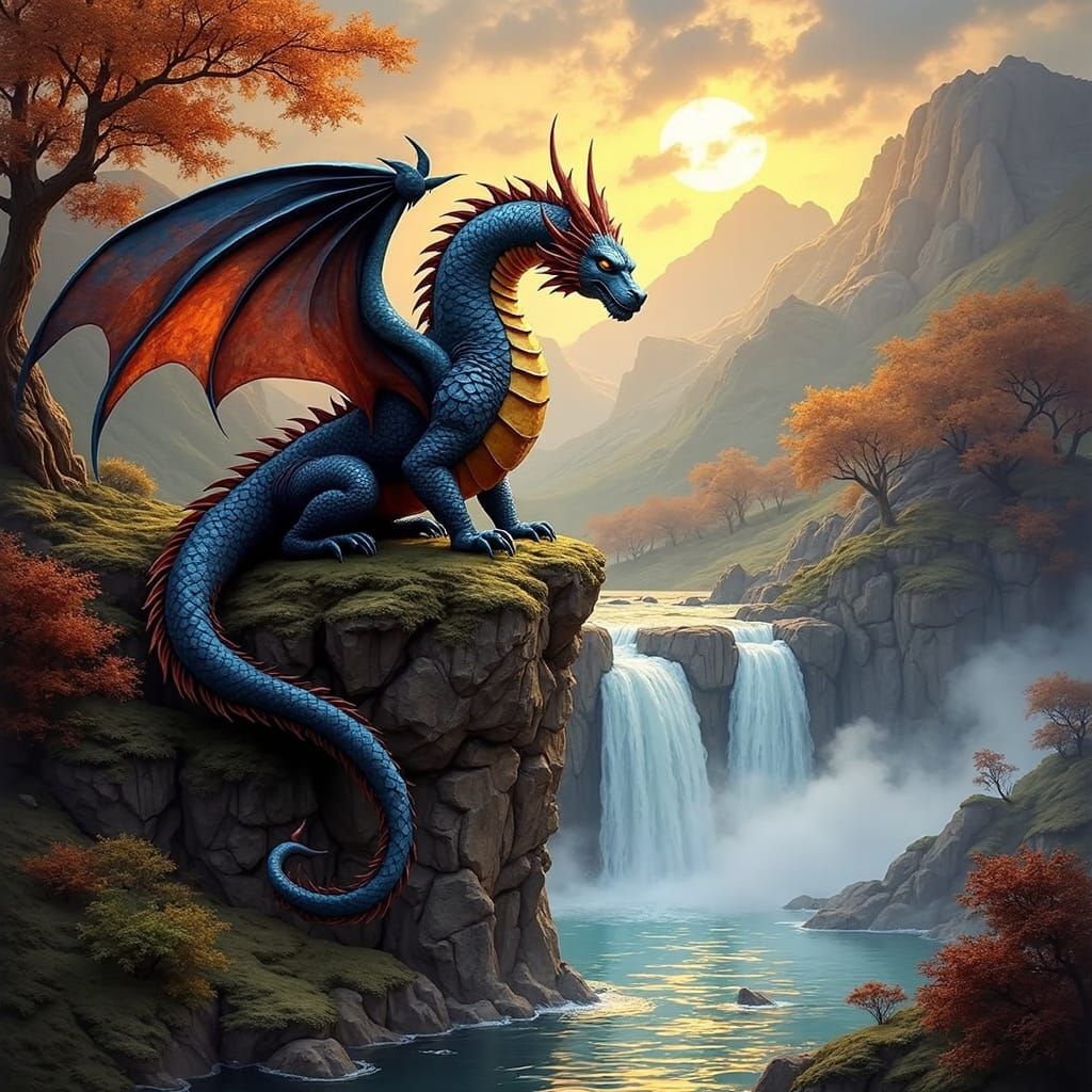 Crimson and Gold Paper Dragon Soars Through Sky