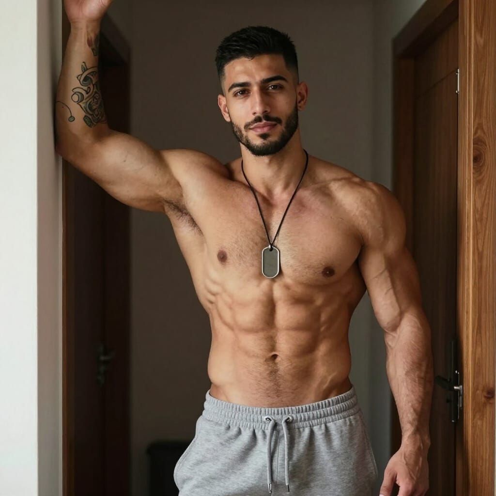 Muscular Arabic Man Poses Confidently Indoors