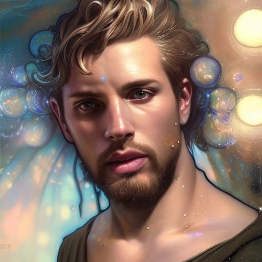 Detailed Merman Portrait with Iridescent Bubbles