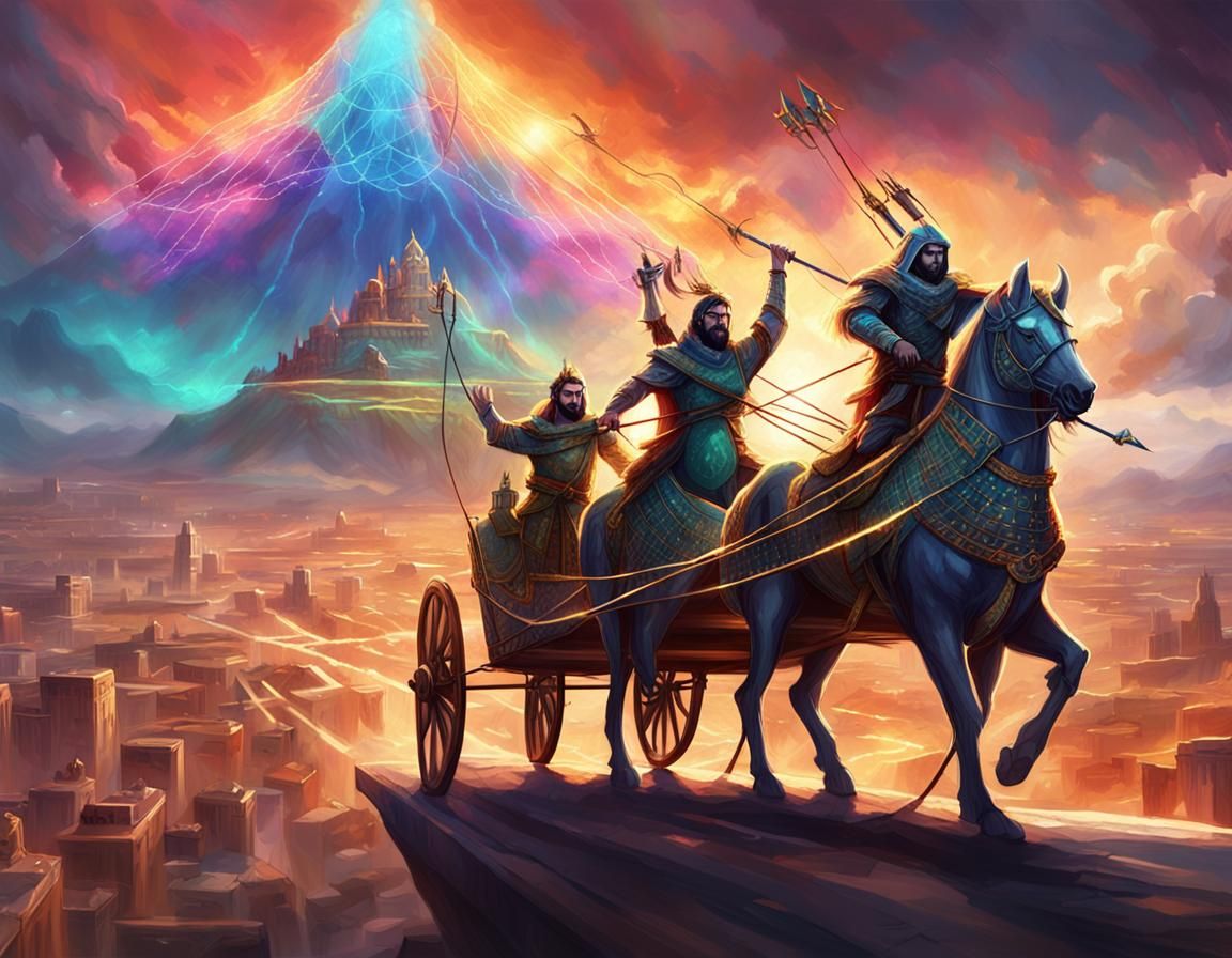 Assyrian King and Archer in Ethereal Chariot