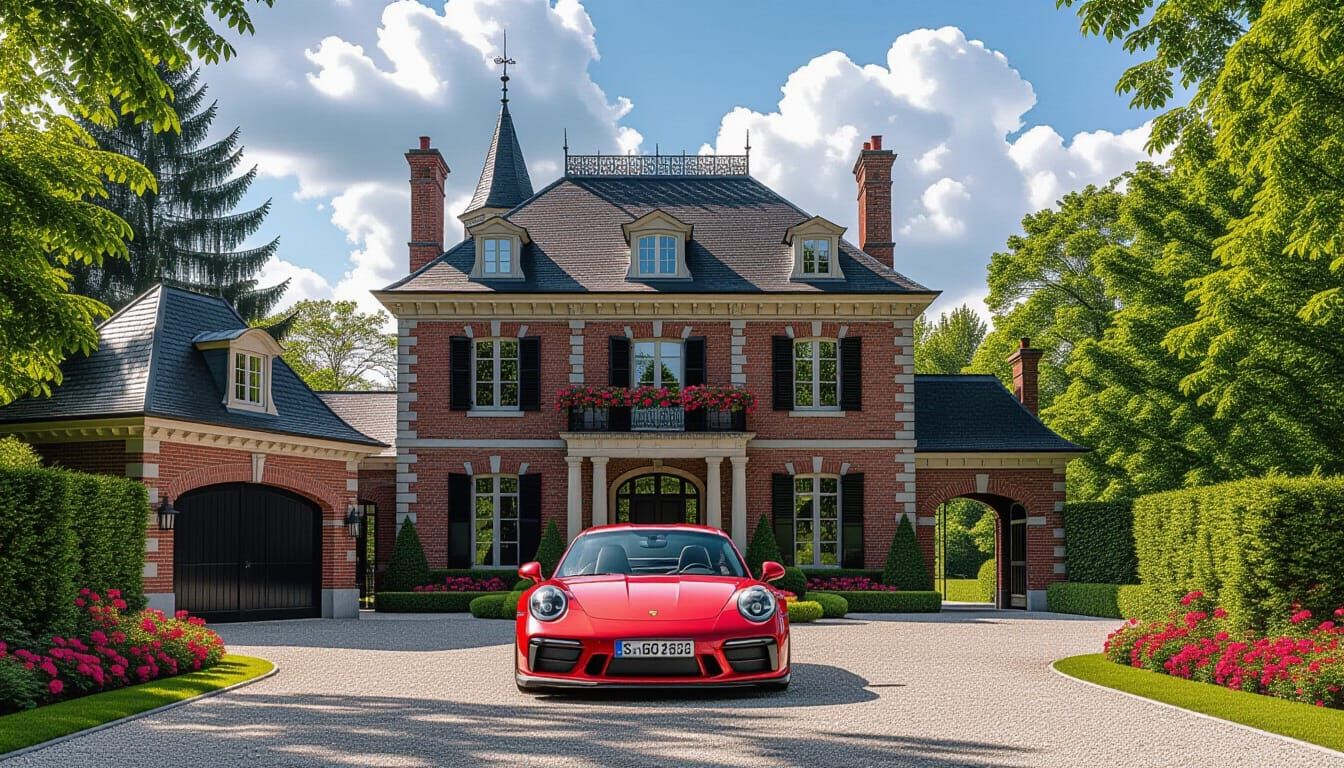 Victorian Chateau with Red Porsche 911