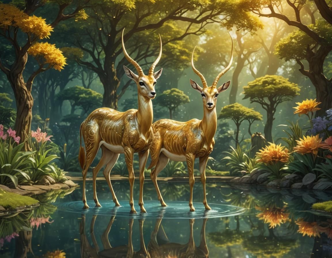 Golden Gazelle in Fantasy Garden, Cel-Shaded Anime Style