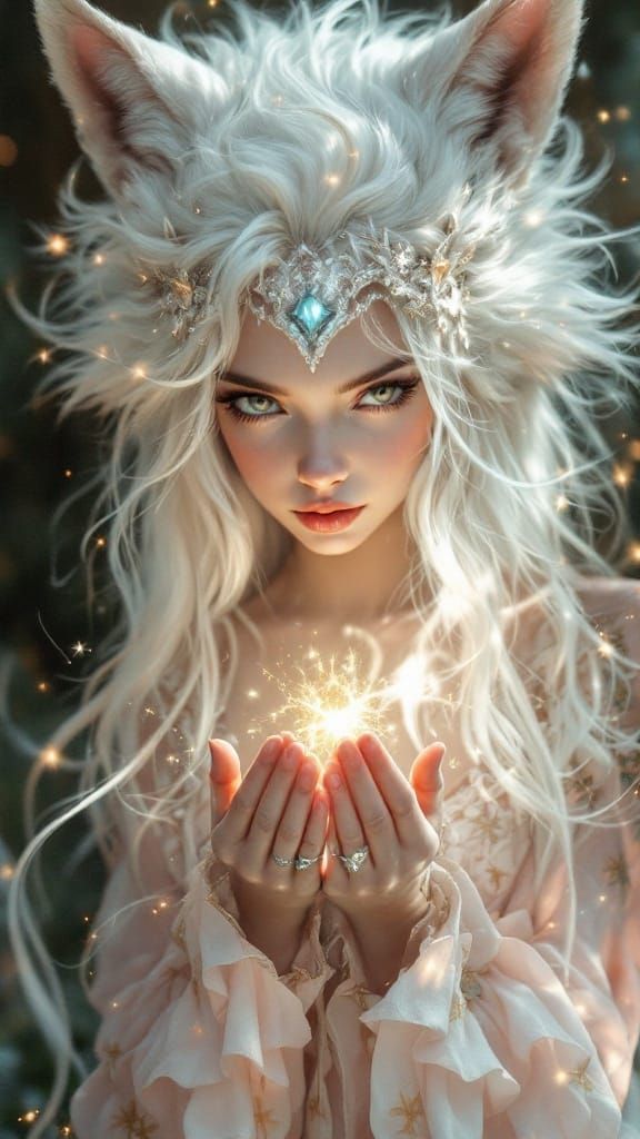 Mystical Elf Maiden Unites with White Lion in Enchanted Form