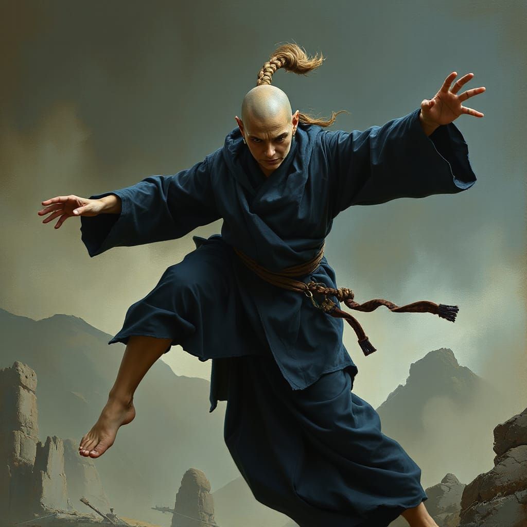 Elven Monk Mid-Kick in Oil Painting Style