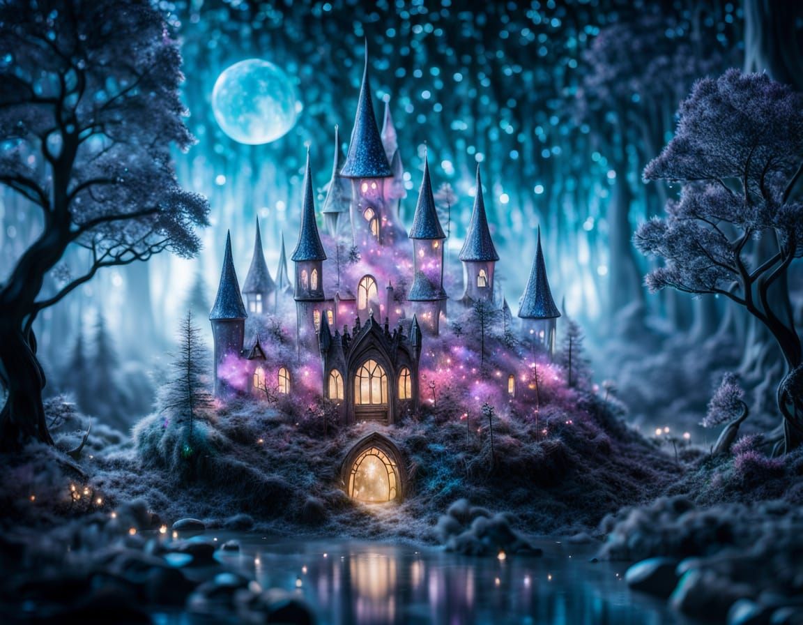 Elegant Iridescent Fairy Landscape with Glass Castle