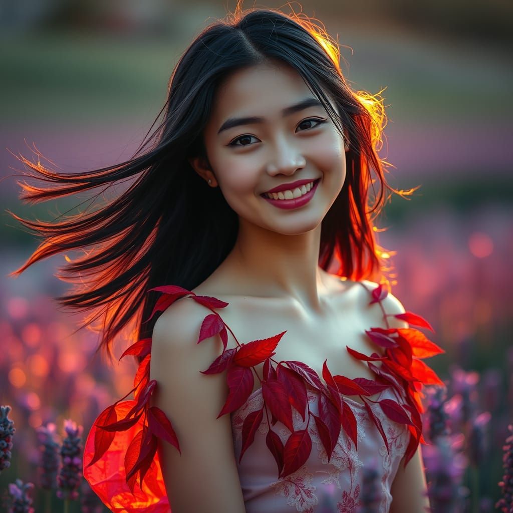 Japanese Woman in Lavender Field at Sunset, Fine Art Style