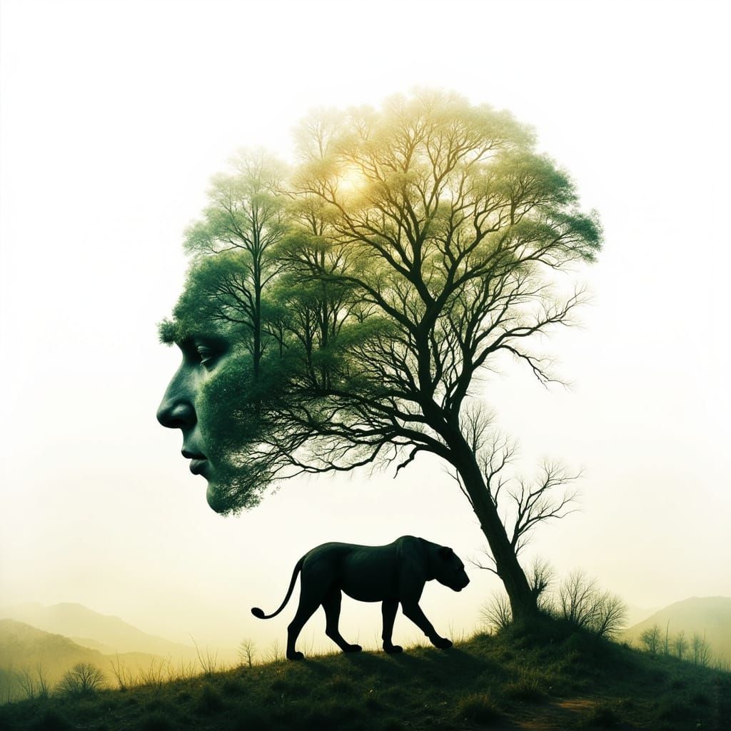 Lion Silhouette Filled With Forest Nature