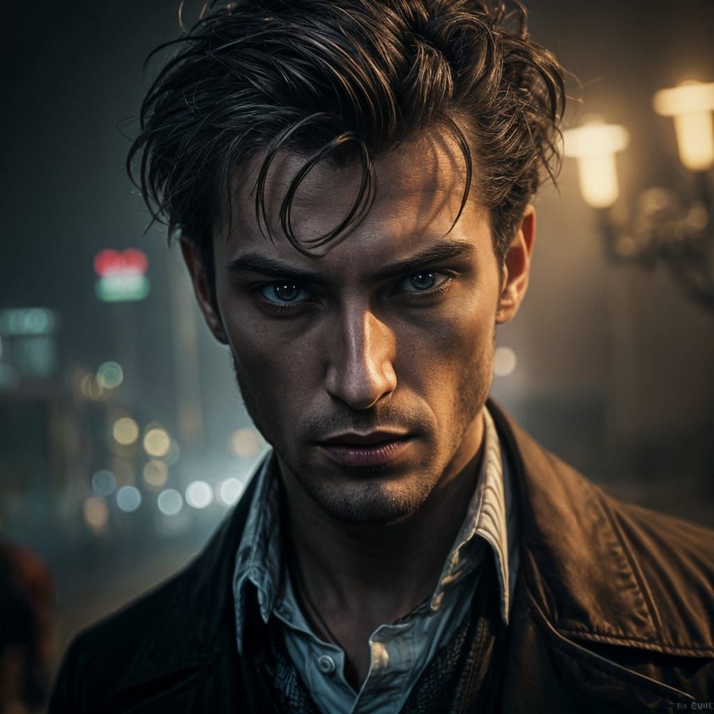 Cinematic Portrait of a Vampire Man at Night