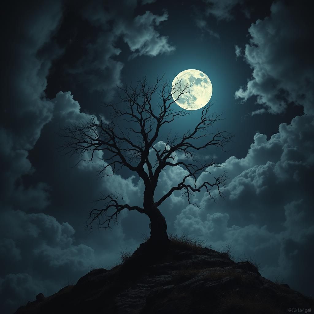 Moonlit Tree on Hill in Mystical Landscape