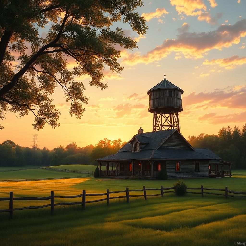 Rustic Farmhouse at Sunset: Nostalgic Realism