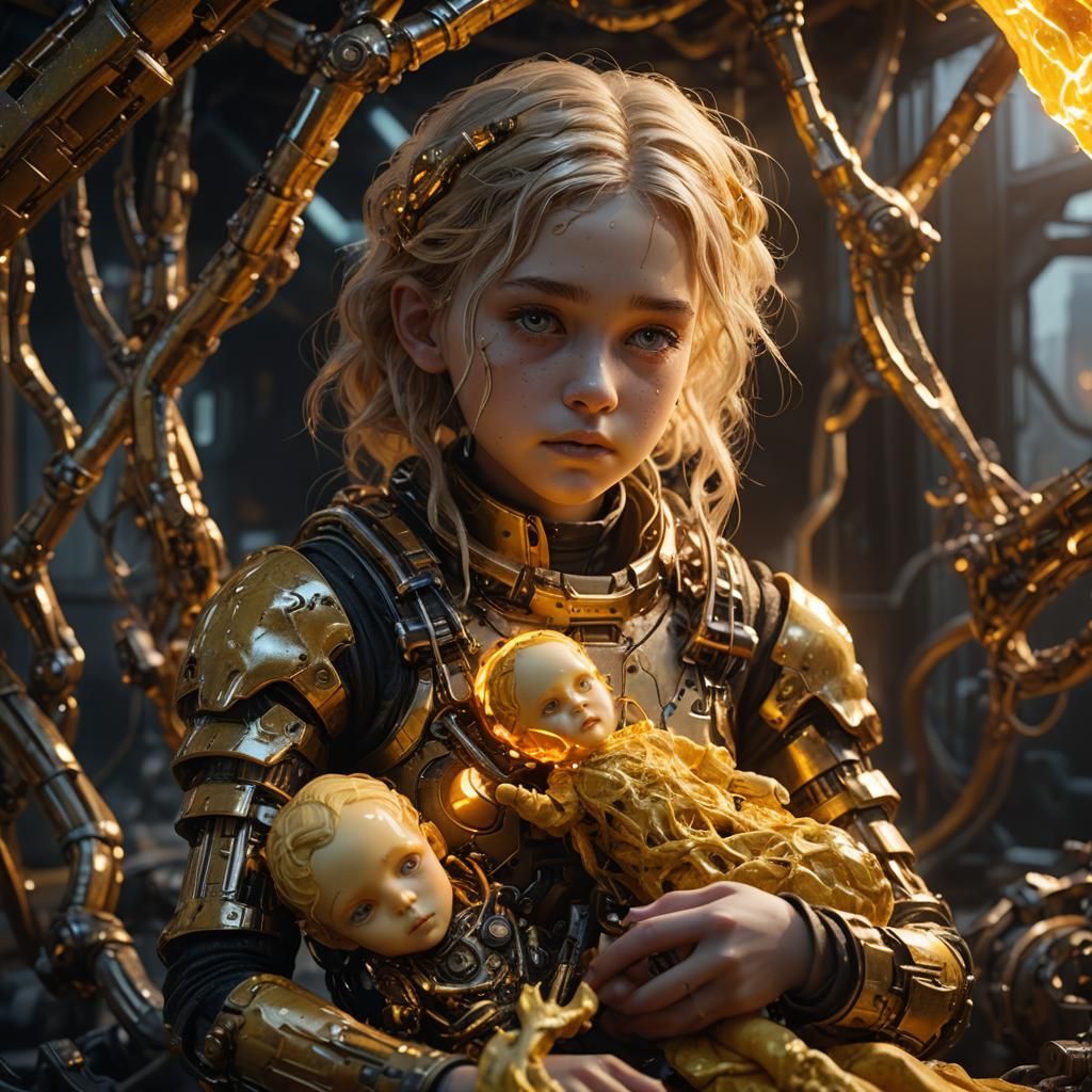 Girl with Molten Sulfur Doll in Sci-Fi Style