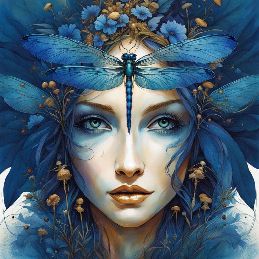 Gold and Blue Dragonfly Among Forest Plants