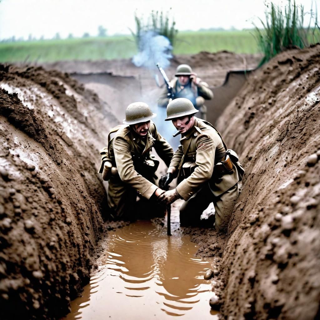 Two Soldiers in Trench: Mud, Water, and Smoke