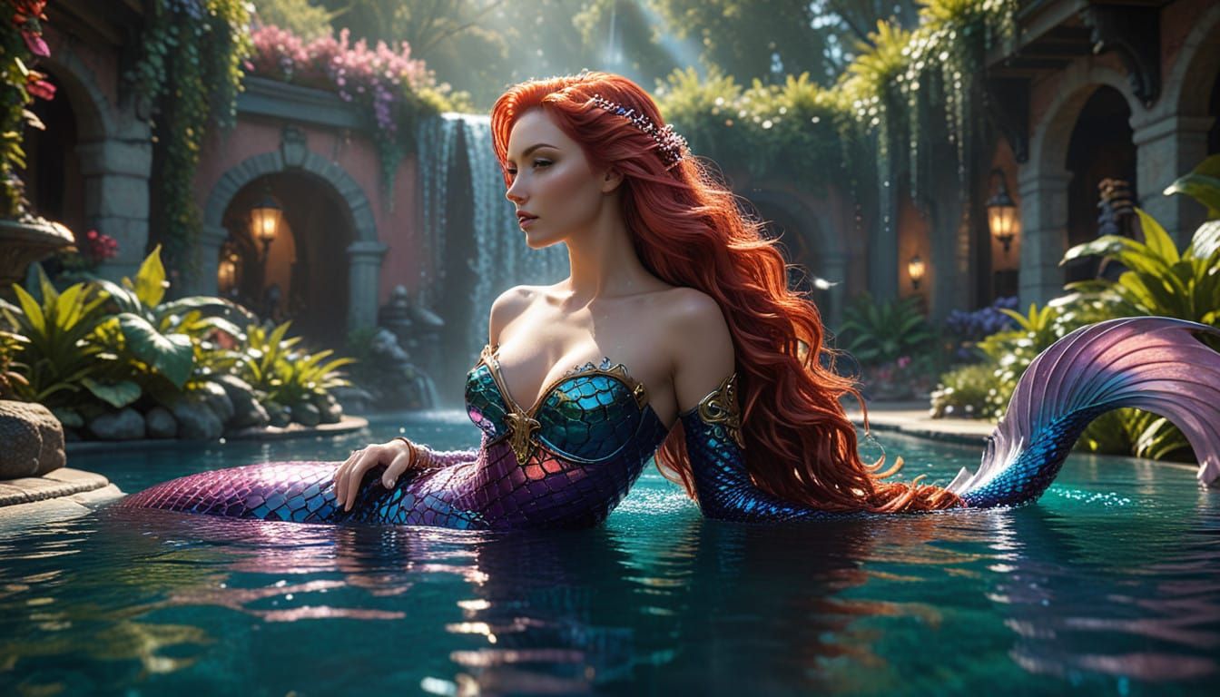 The image features a captivating scene by a swimming pool, showcasing a mythical mermaid lounging elegantly on a sunbed....