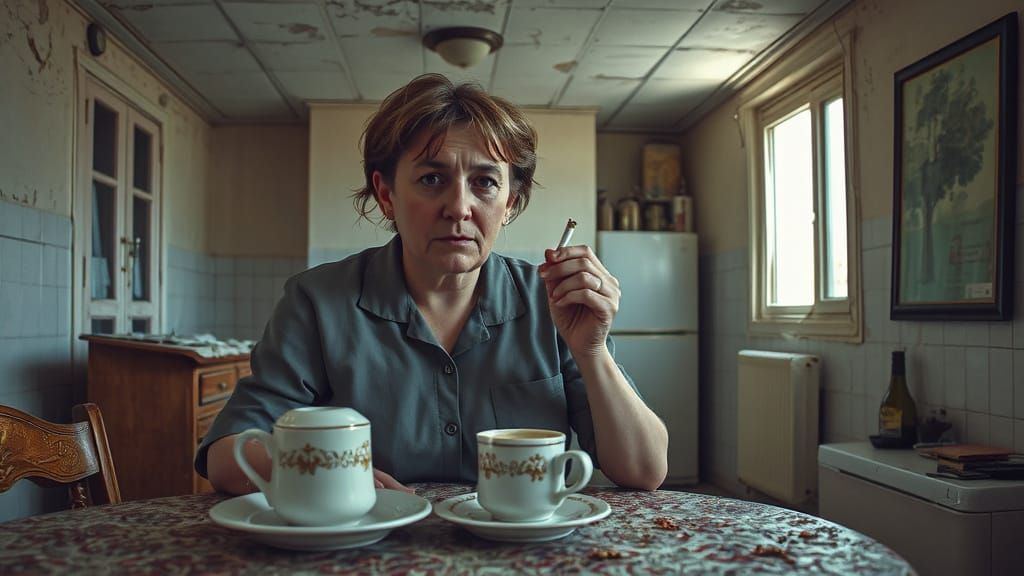 Bosnian Woman Eating Scallion in Gritty Kitchen