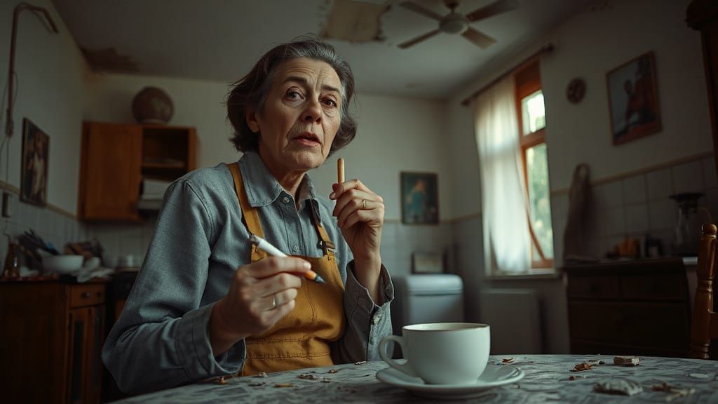 Bosnian Woman Eating Scallion in Decaying Kitchen