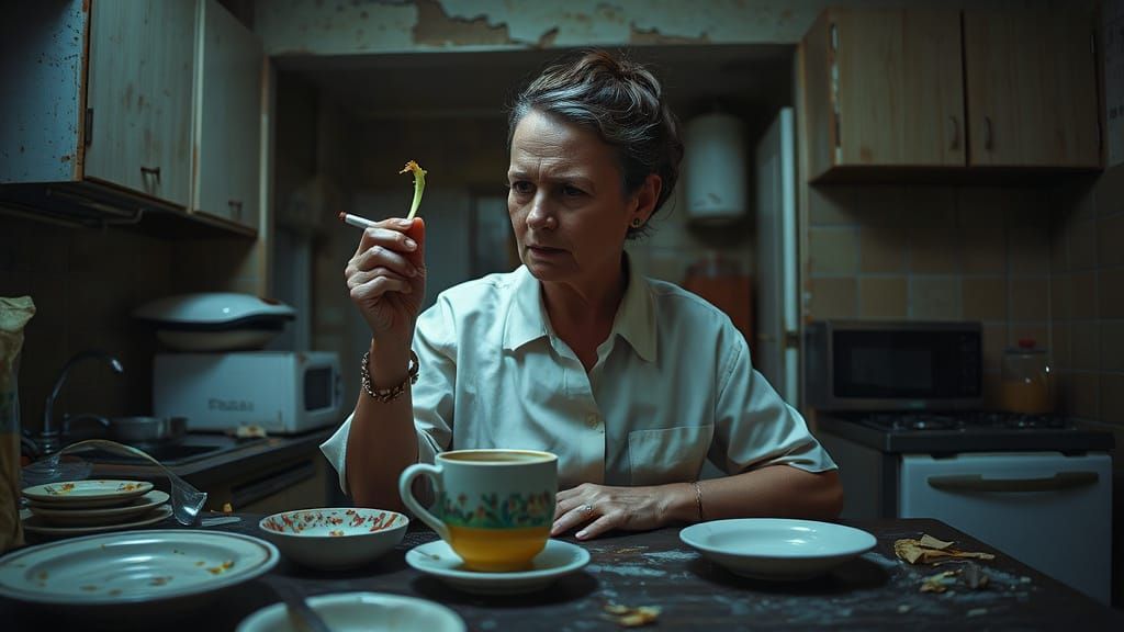 Bosnian Woman Eating Scallion in Gritty Kitchen