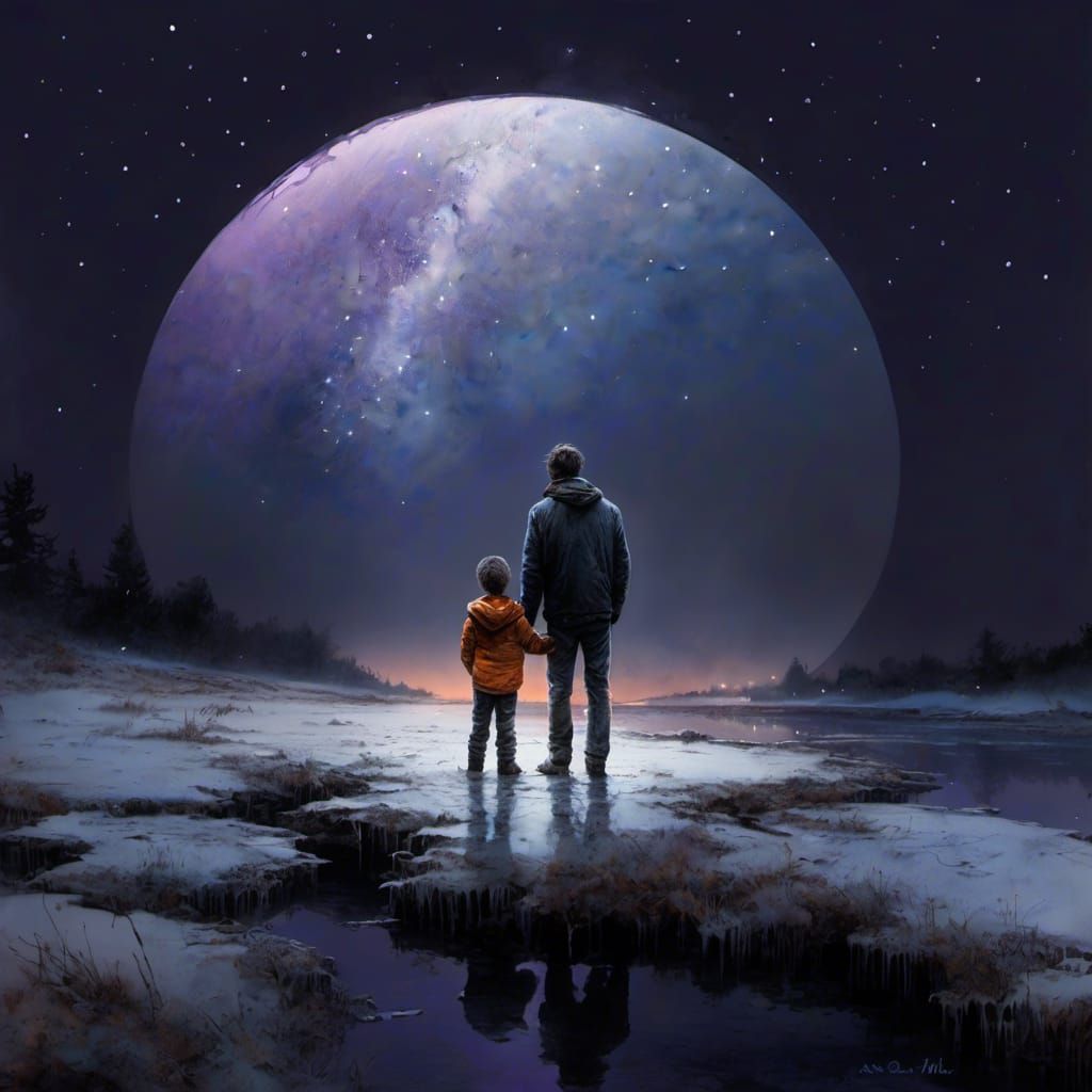 Hyperrealistic Watercolor: Father and Son at Dawn