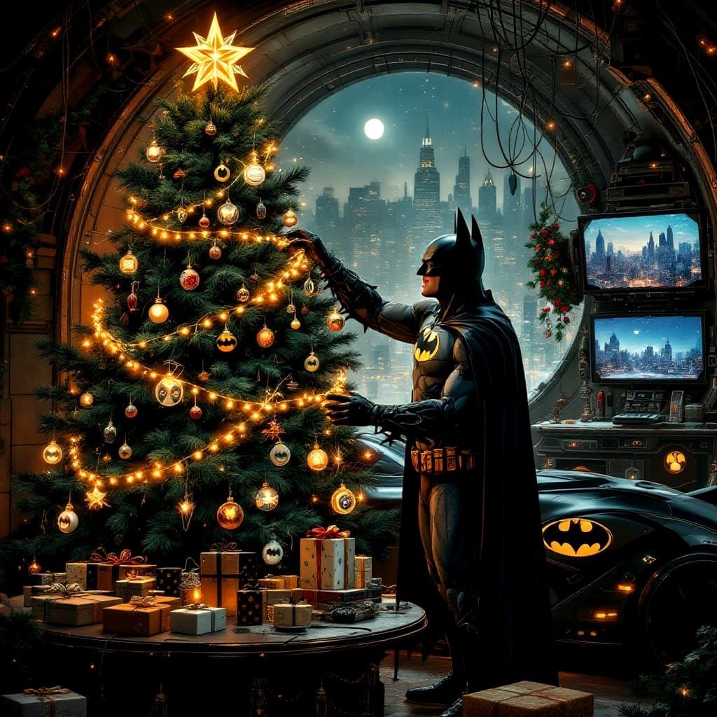 Batman's Whimsical Christmas Portrait in Art Nouveau Style