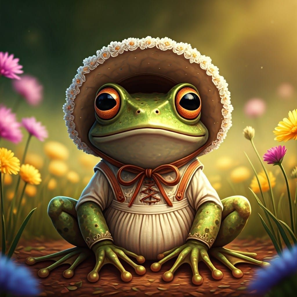 Whimsical Cottagecore Frog in Delicate Embroidered Attire