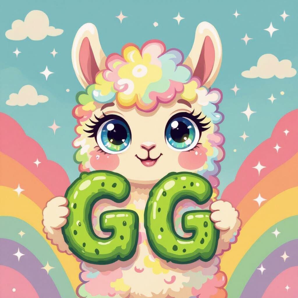 Pastel Rainbow Cartoon Llama with Green Pickle Letters