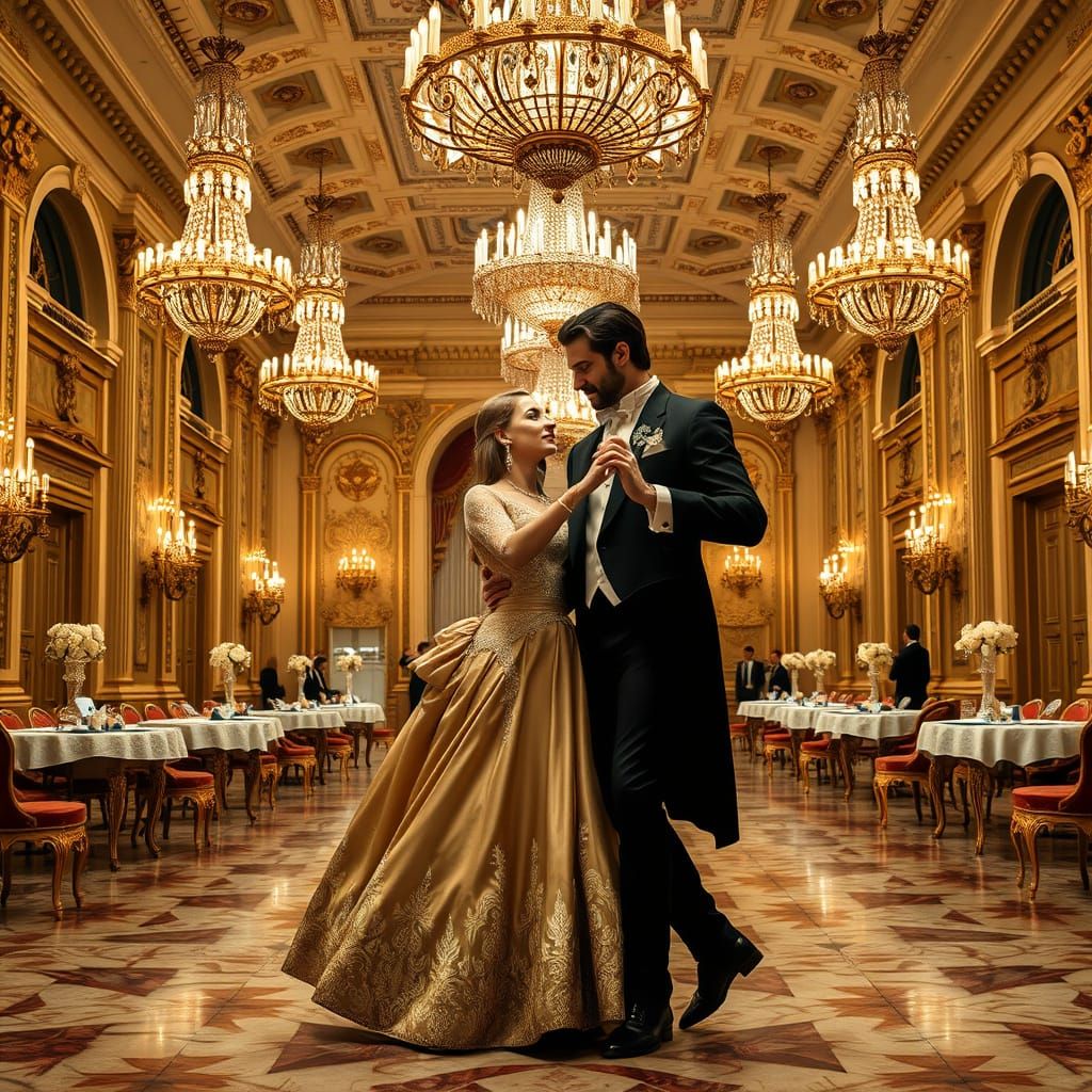 Grand European Palace Ballroom Scene in Golden Era Style