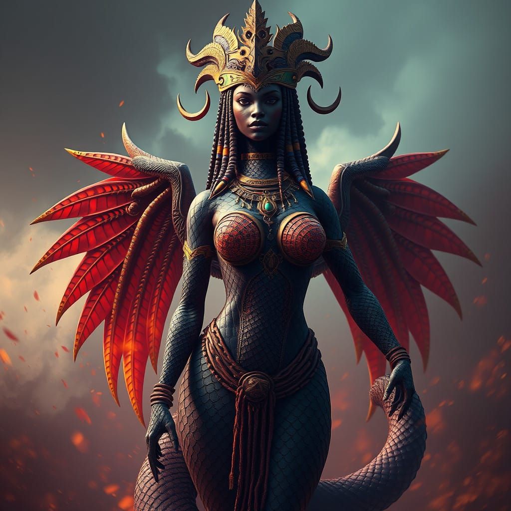 Nubian Goddess Serpent Avatar in Vibrant Fantasy Realm