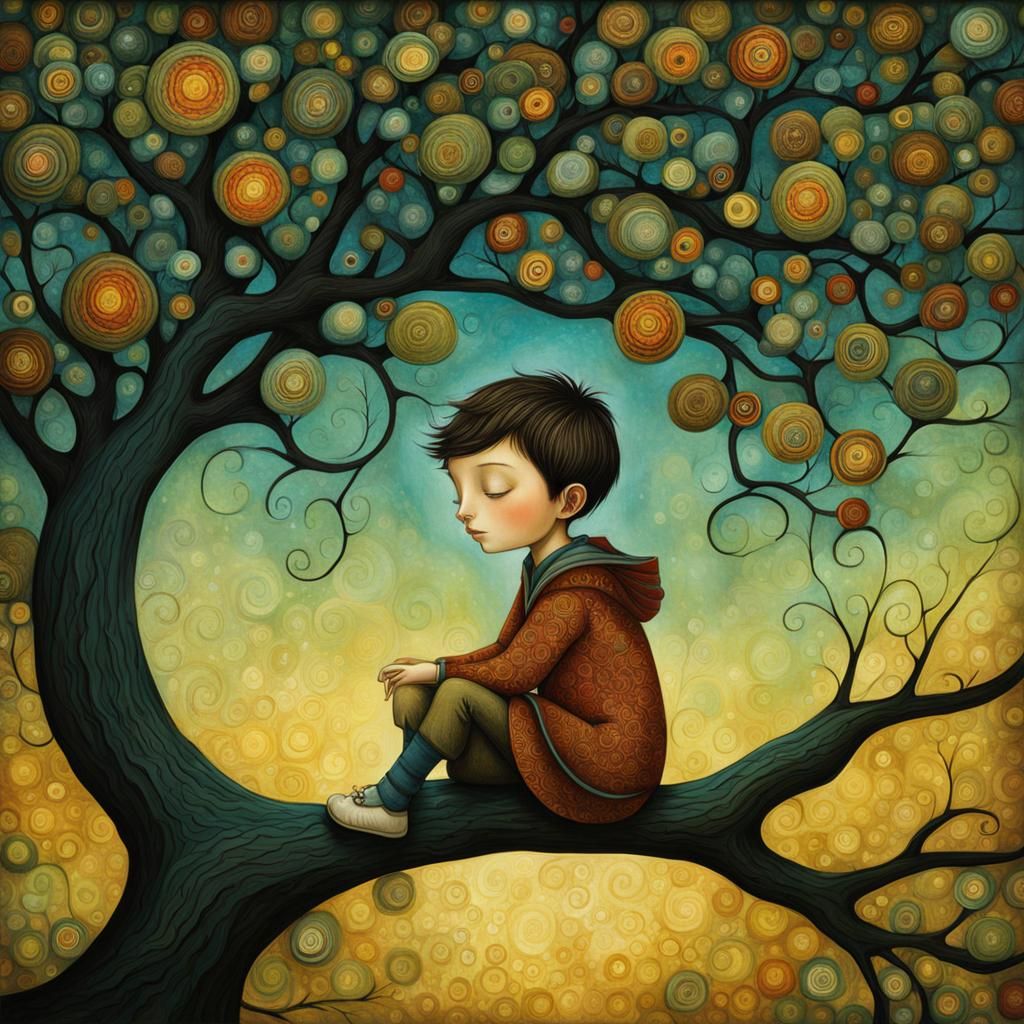 Boy in Tree: Digital Painting in Art Brut Style