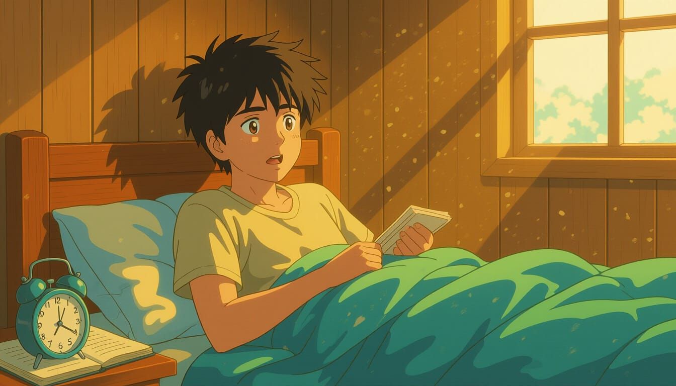 Surprised Young Indian Man Wakes Up Late in Ghibli Anime Sty...