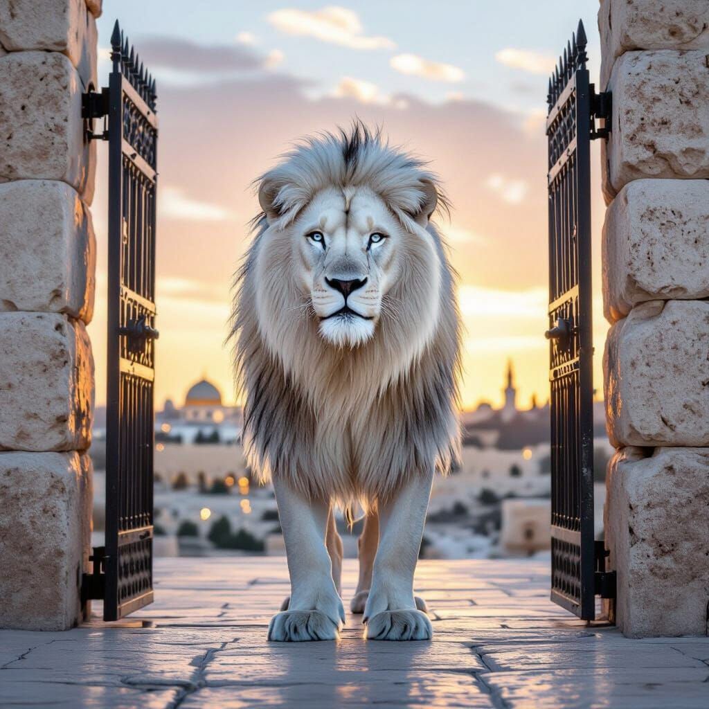 White Lion Guards Jerusalem Gates in Photorealistic Style